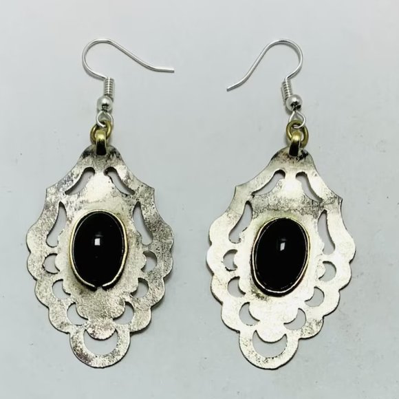 Vintage Turkmen Earrings With Black Onyx, Silver Boho Dangling Earrings, Turkmen - Picture 3 of 9
